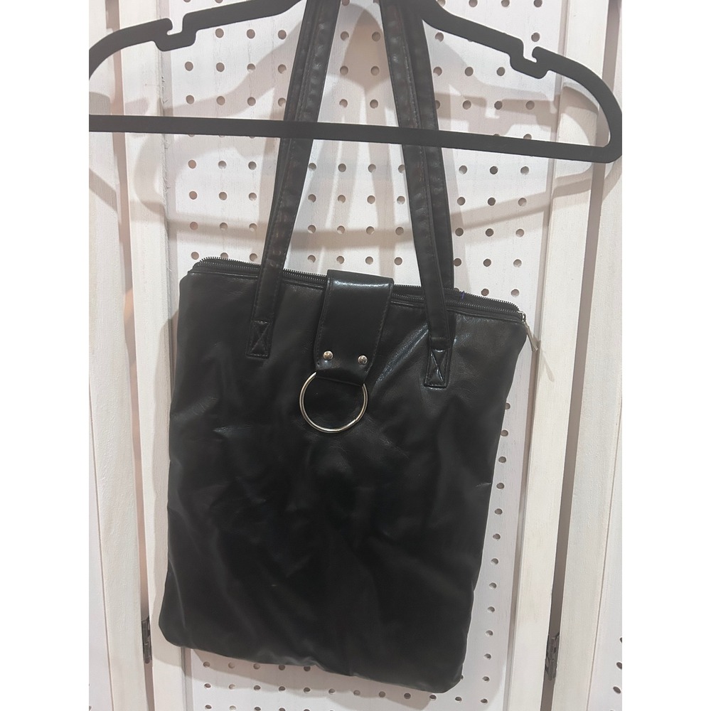 Black Faux Leather Tote Bag with Ring Detail Zipper Top